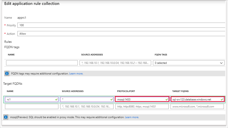 application rule with SQL FQDN