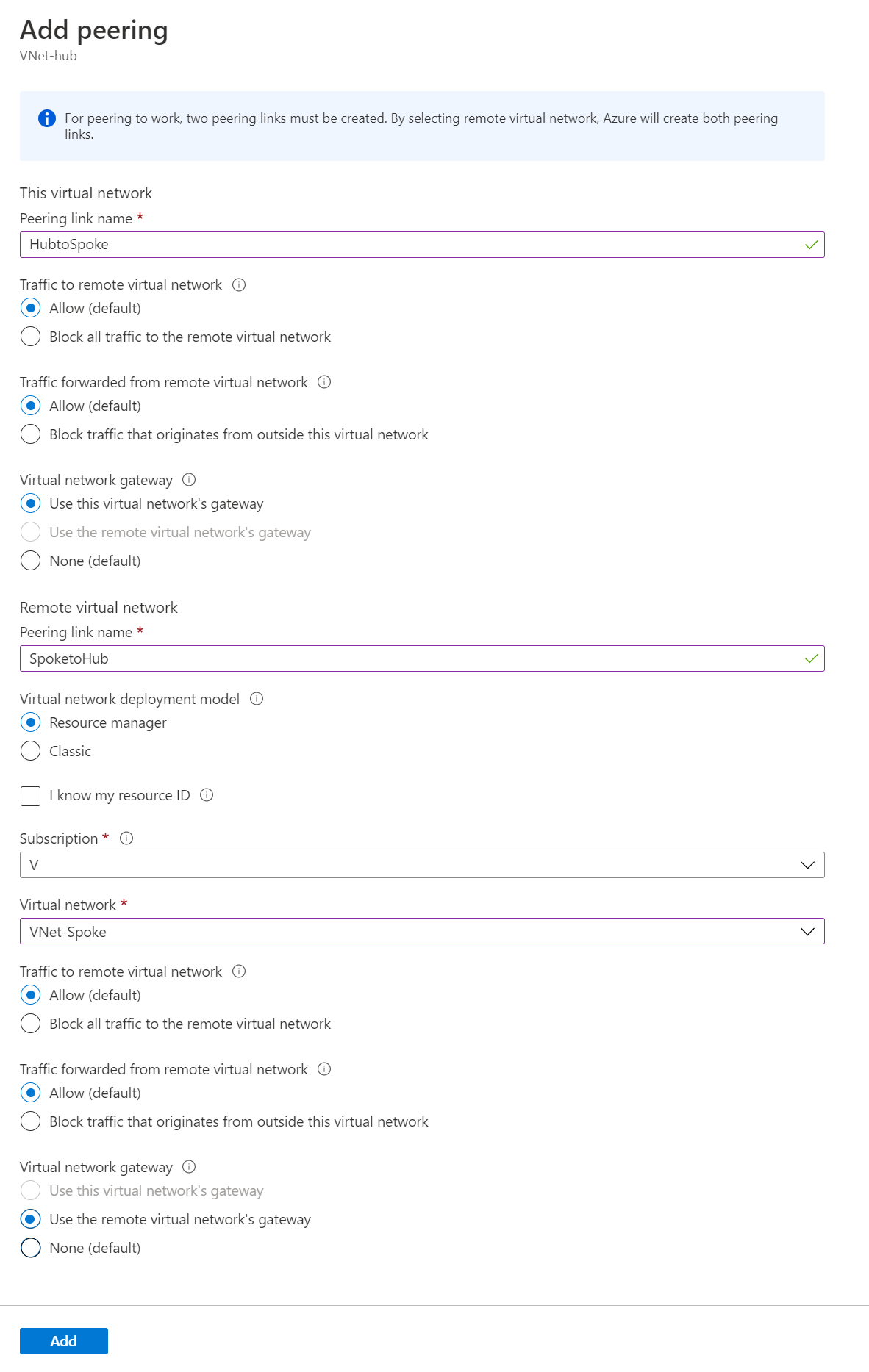 Screenshot that shows selections for peering hub and spoke virtual networks.