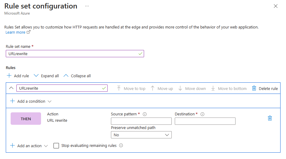 Screenshot of URL rewrite action in a rule set configuration.