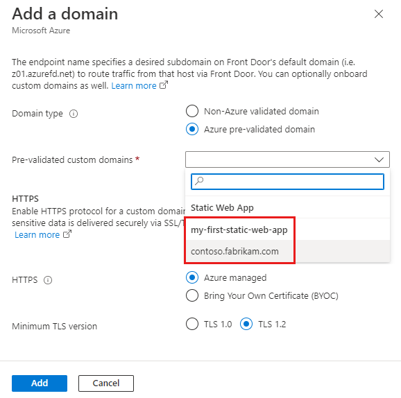 Screenshot that shows the Add a domain pane with a prevalidated domain.