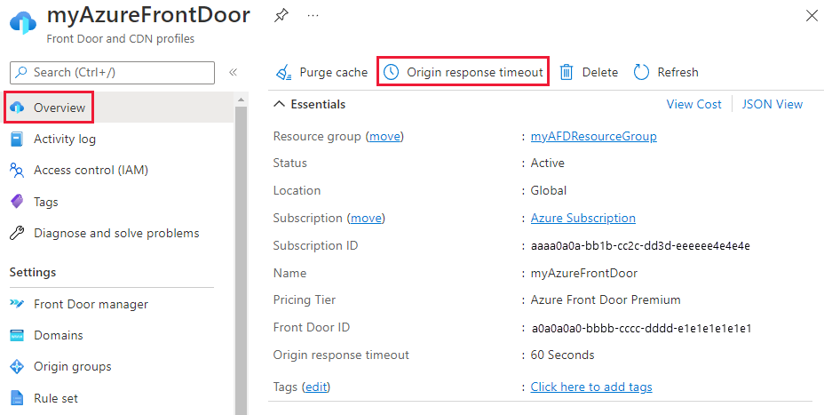 Screenshot of origin response timeout button from the overview page.