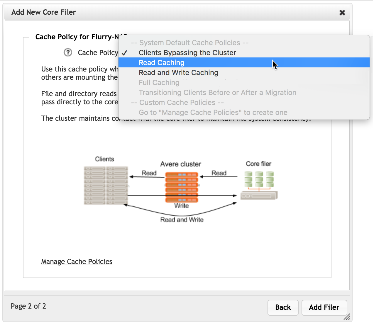 Second page of a hardware NAS new core filer wizard; the Cache Policy drop-down menu is open, showing several disabled options and three valid cache policy options (bypass, read caching, and read/write caching).