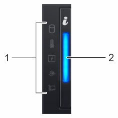 left status panel, with 1 labeling status indicators on the left, and 2 labeling the large system health indicator light on the right