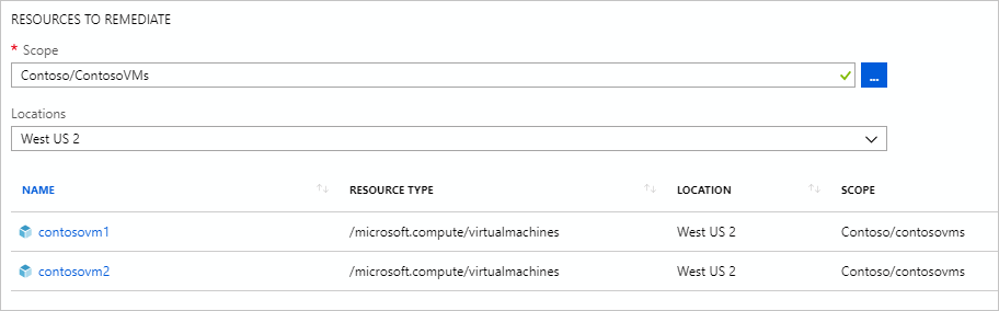 Screenshot of the Remediate node and the grid of resources to remediate.