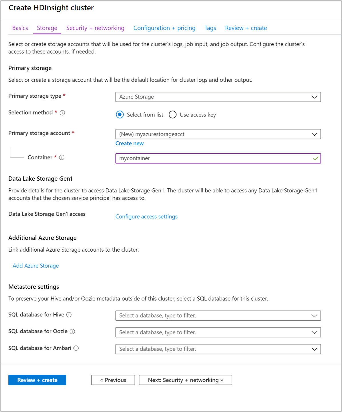 Screenshot shows Create HDInsight cluster with the Storage tab selected.