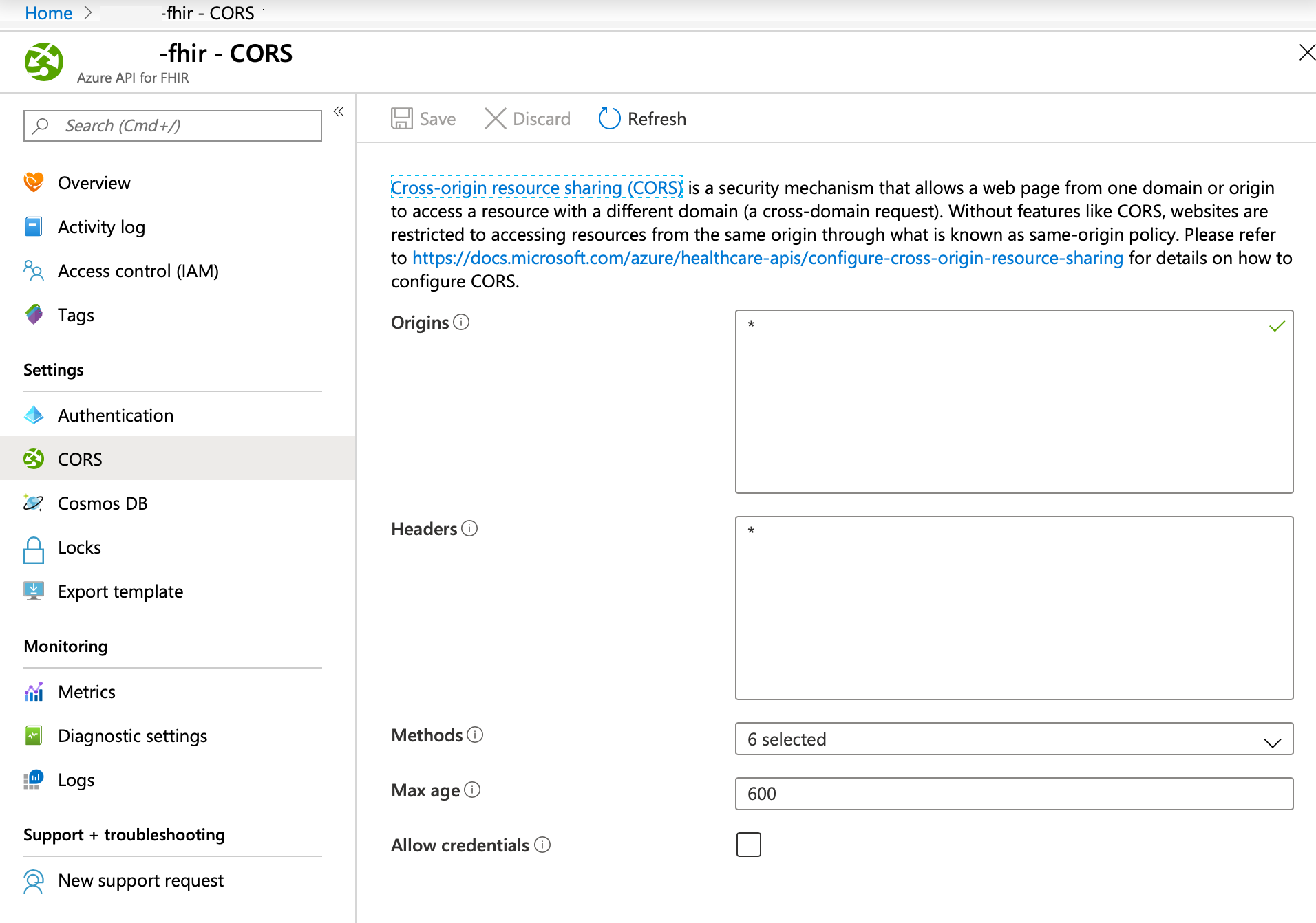 Cross-origin resource sharing (CORS) settings