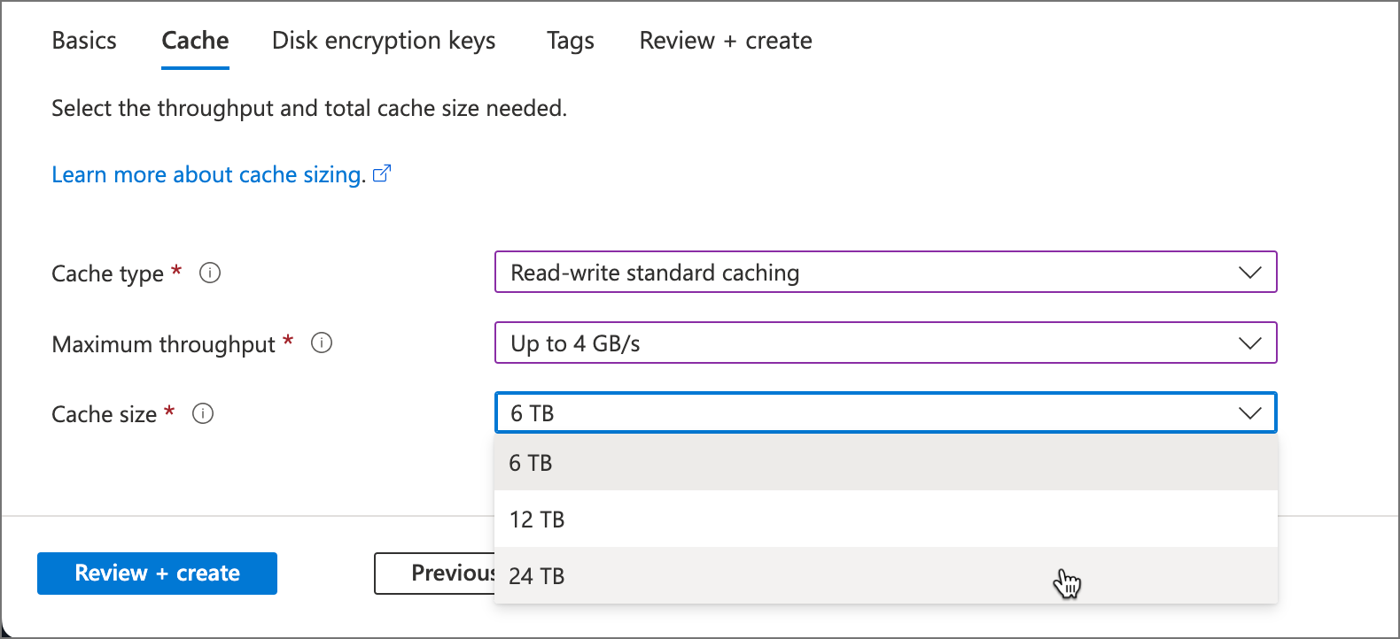 Screenshot of cache sizing page in the Azure portal.