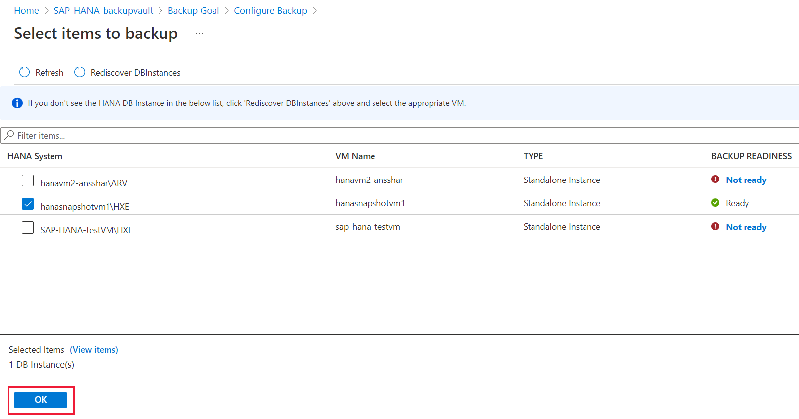 Screenshot that shows the 'Select items to backup' pane and a list of database instances.