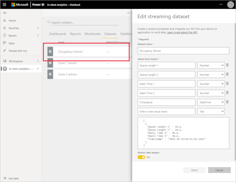 Screenshot that shows the occupancy dataset definition in Power B I.