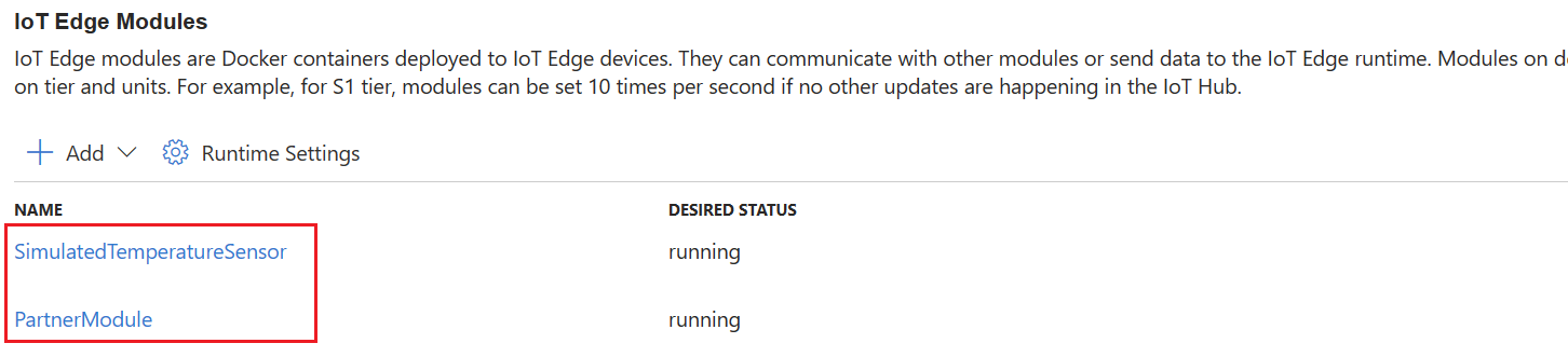 Screenshot showing module list links to update IoT Edge module settings in the Azure portal.