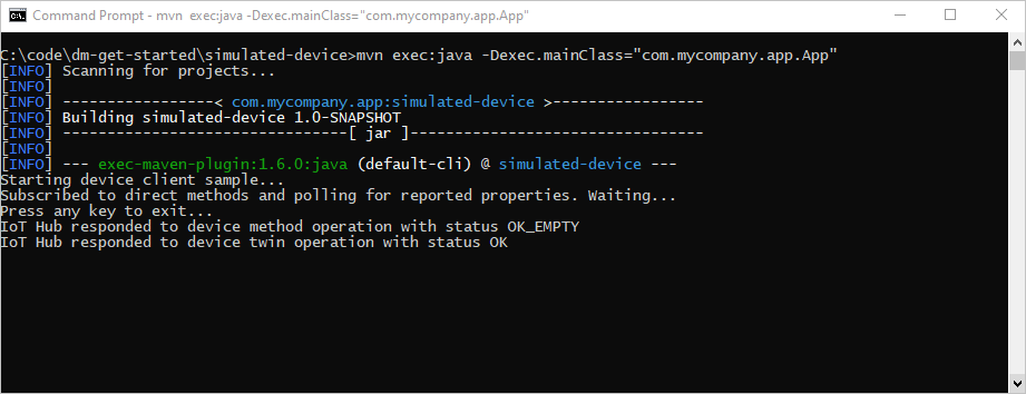 Java IoT Hub simulated device app to listen for reboot direct method calls