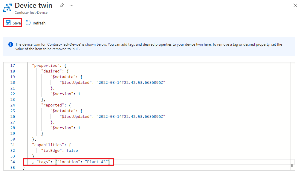 Screenshot of adding location tag to device twin in Azure portal.