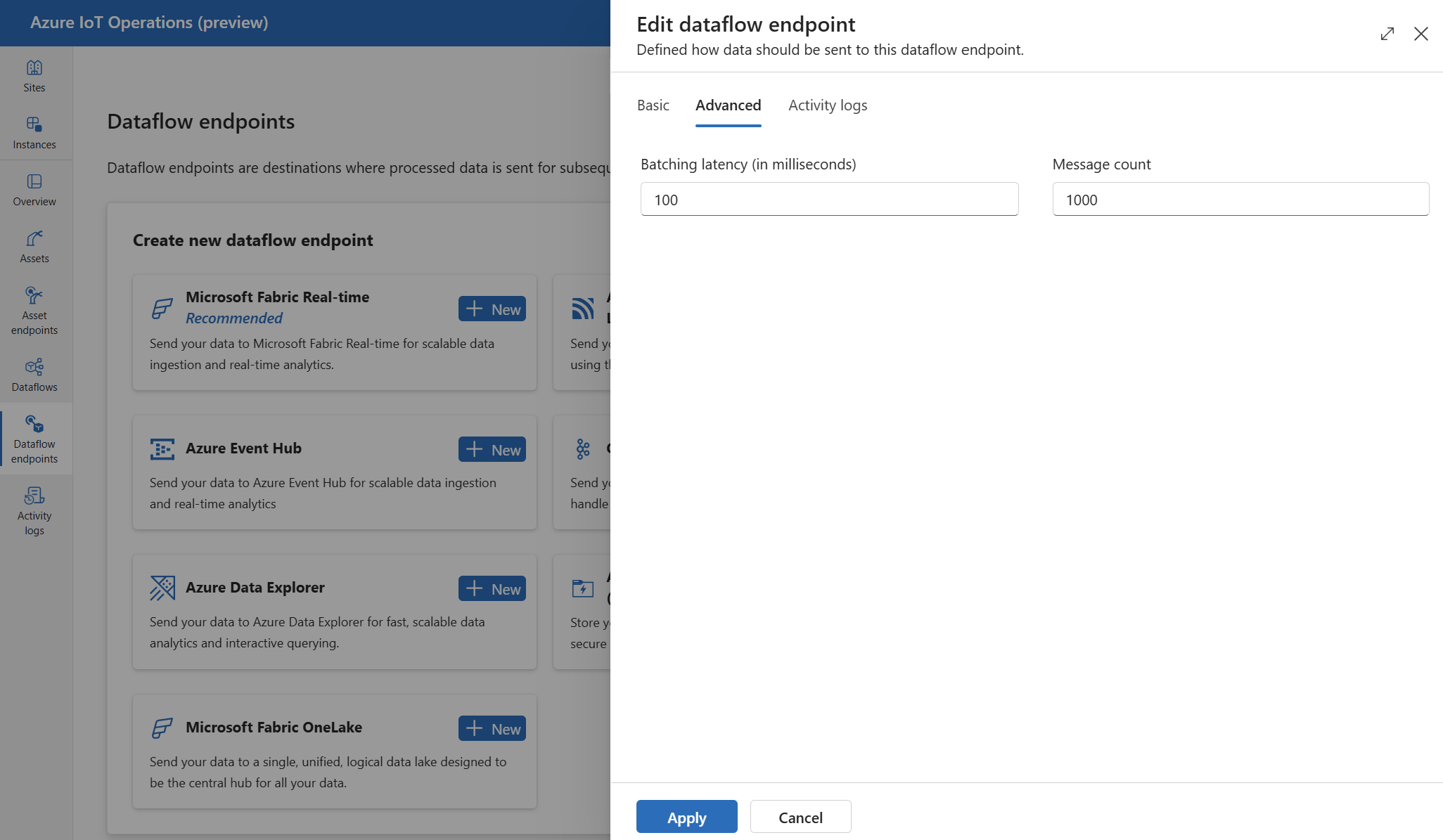 Screenshot using operations experience to set ADLS V2 advanced settings.