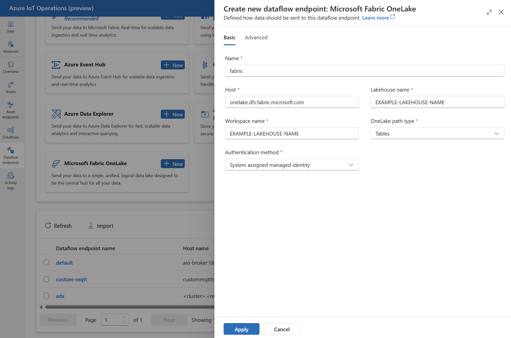 Screenshot using operation experience to create a Microsoft Fabric OneLake dataflow endpoint.