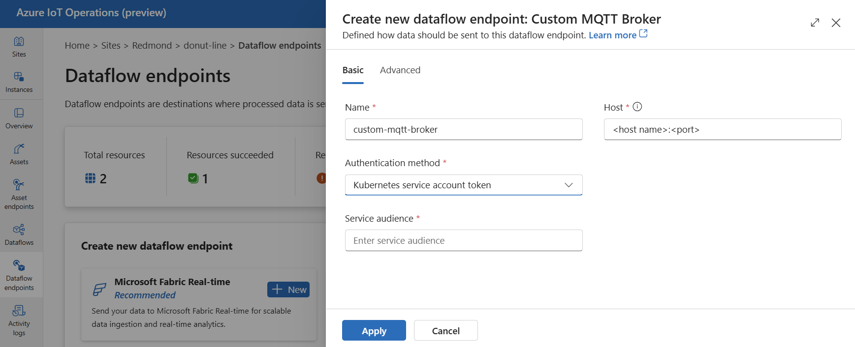 Screenshot using operations experience to create a custom MQTT broker endpoint.