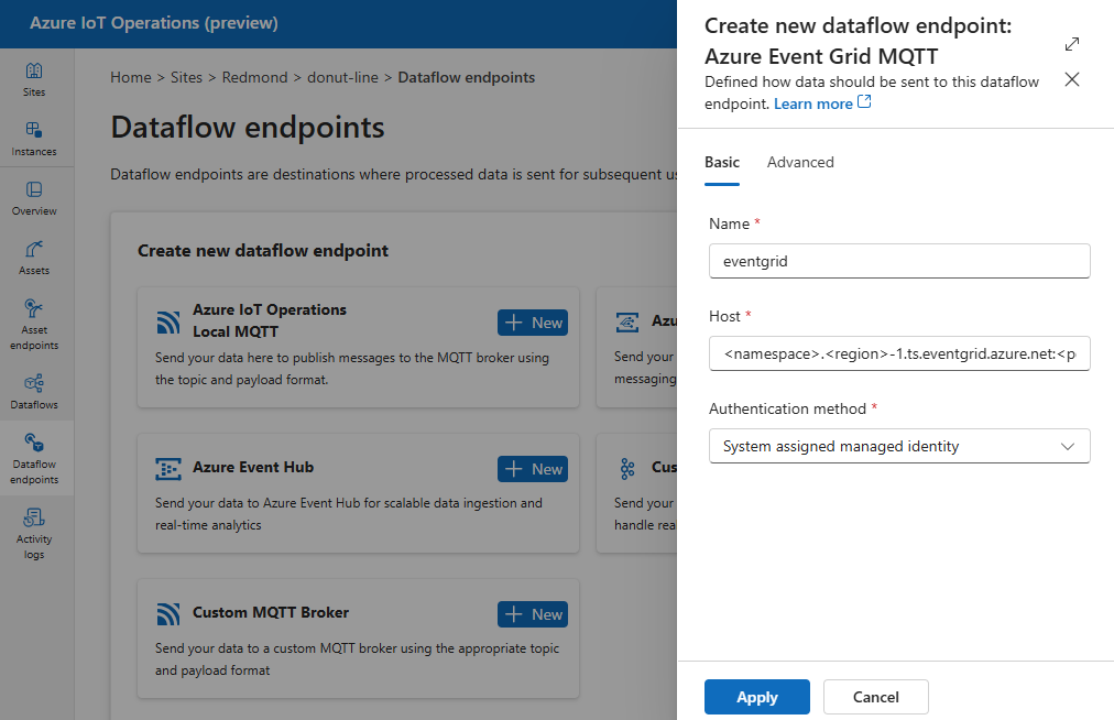 Screenshot using operations experience to create an Azure Event Grid endpoint.