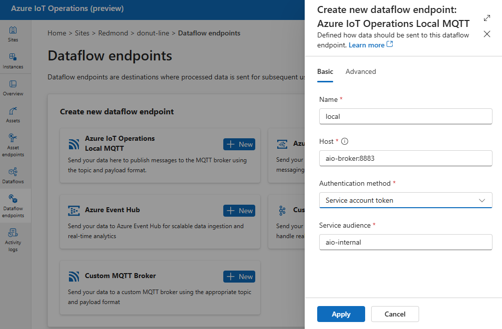 Screenshot using operations experience to create a new local MQTT dataflow endpoint.