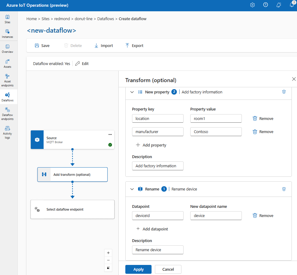 Screenshot using operations experience to rename a datapoint and add a new property.