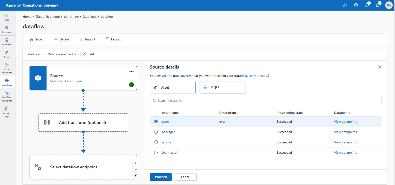 Screenshot using operations experience to select an asset as the source endpoint.