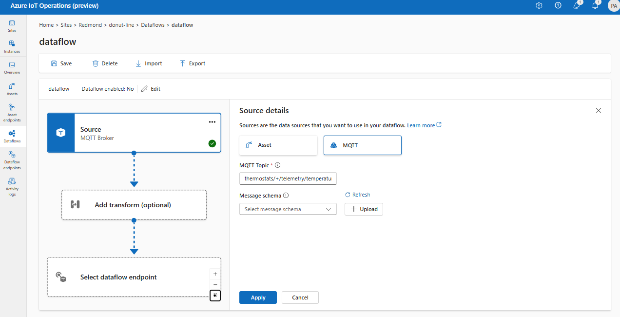 Screenshot using operations experience to select MQTT as the source endpoint.