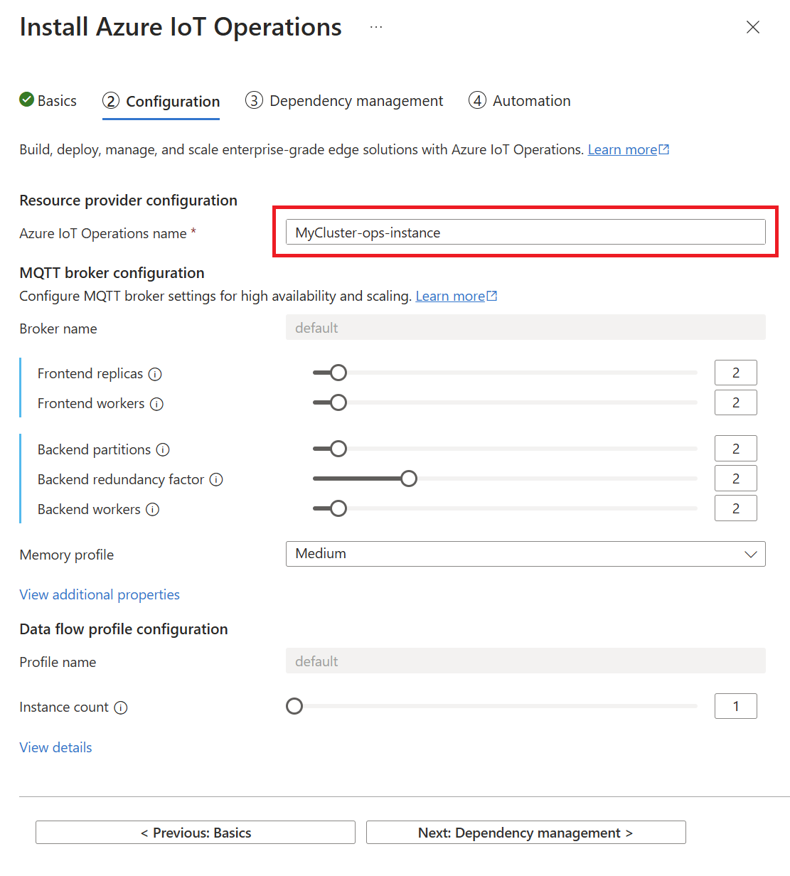 A screenshot that shows the second tab for deploying Azure IoT Operations from the portal.