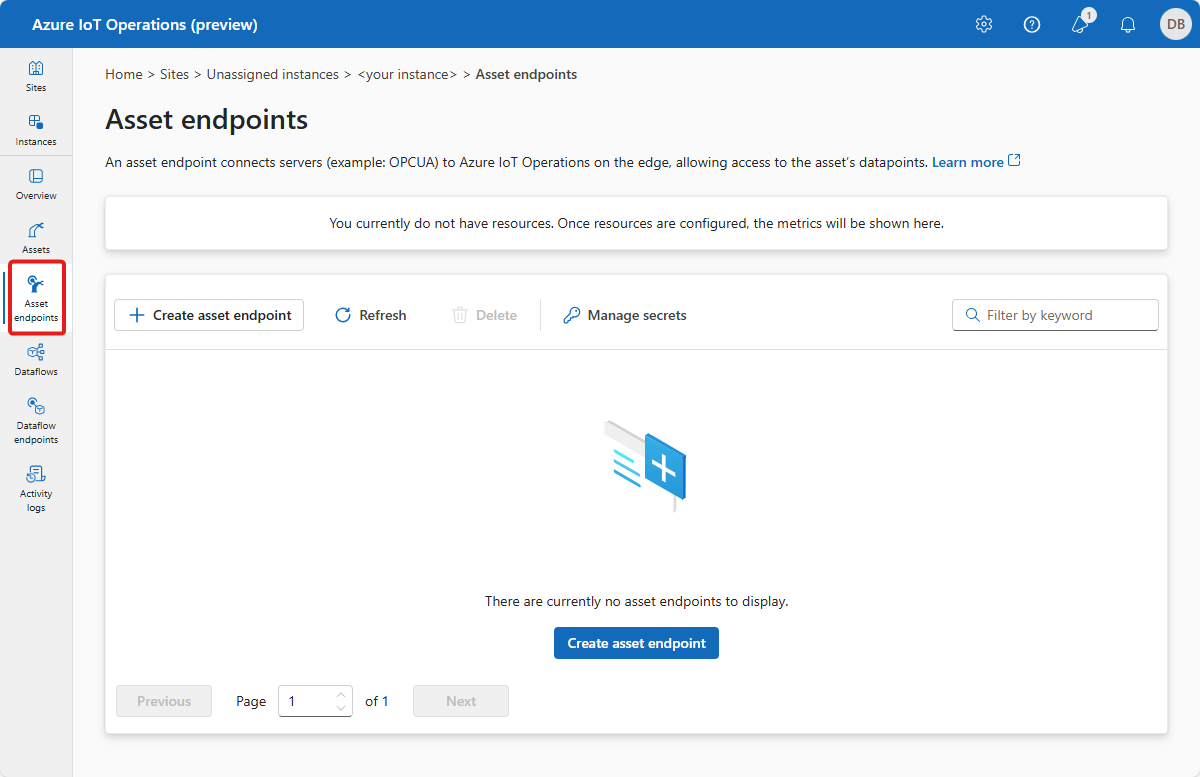 Screenshot that shows the list of asset endpoints.