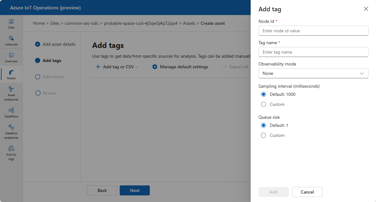 Screenshot that shows adding tags in the operations experience.