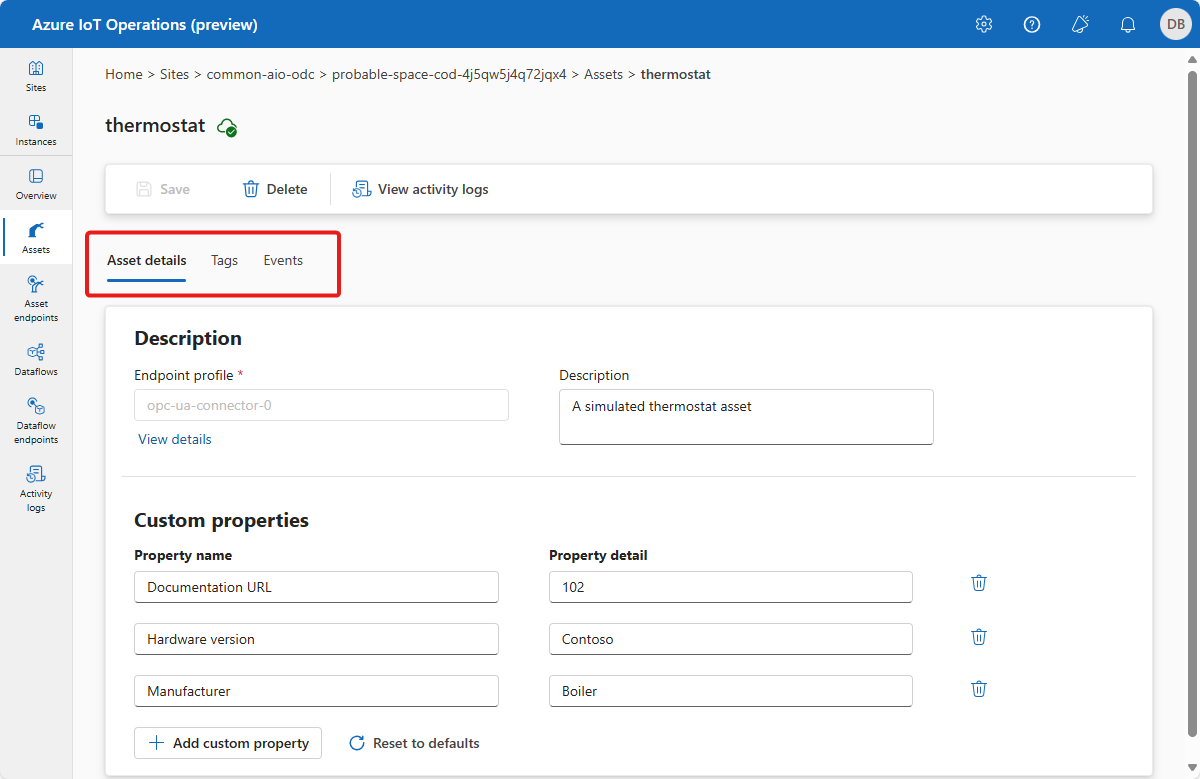 A screenshot that shows how to update an existing asset in the operations experience.