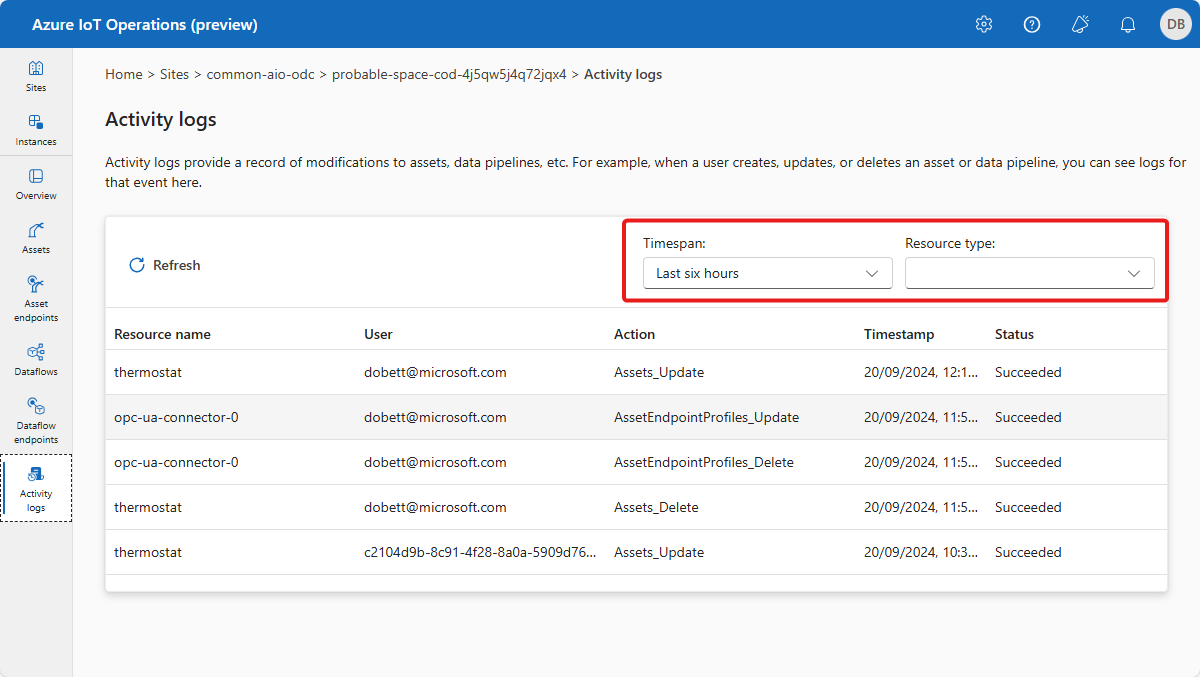 A screenshot that shows the activity logs for an instance in the operations experience.