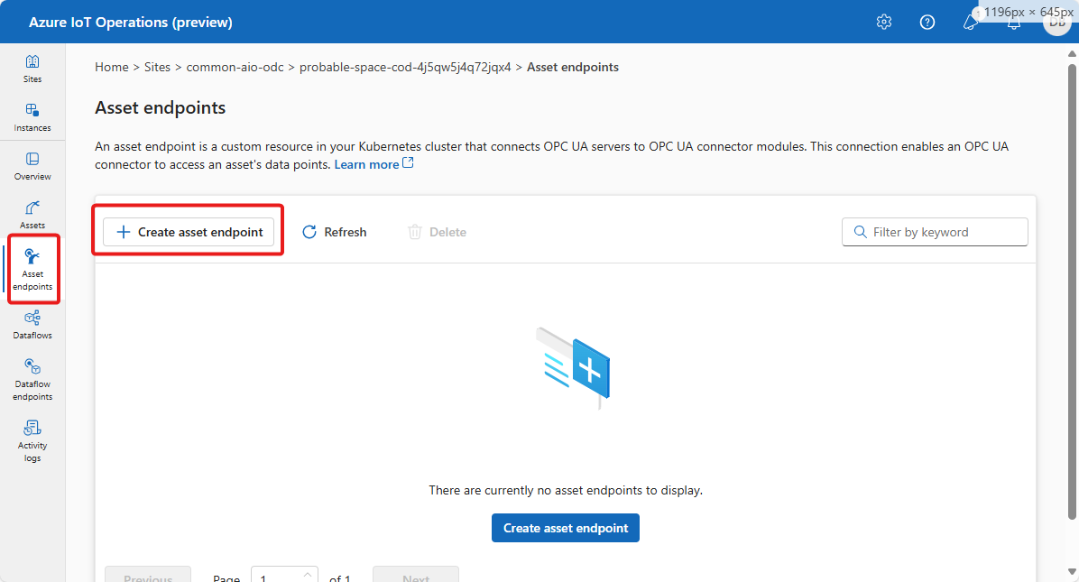 Screenshot that shows the asset endpoints page in the operations experience.