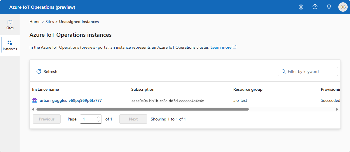 Screenshot of Azure IoT Operations instance list.