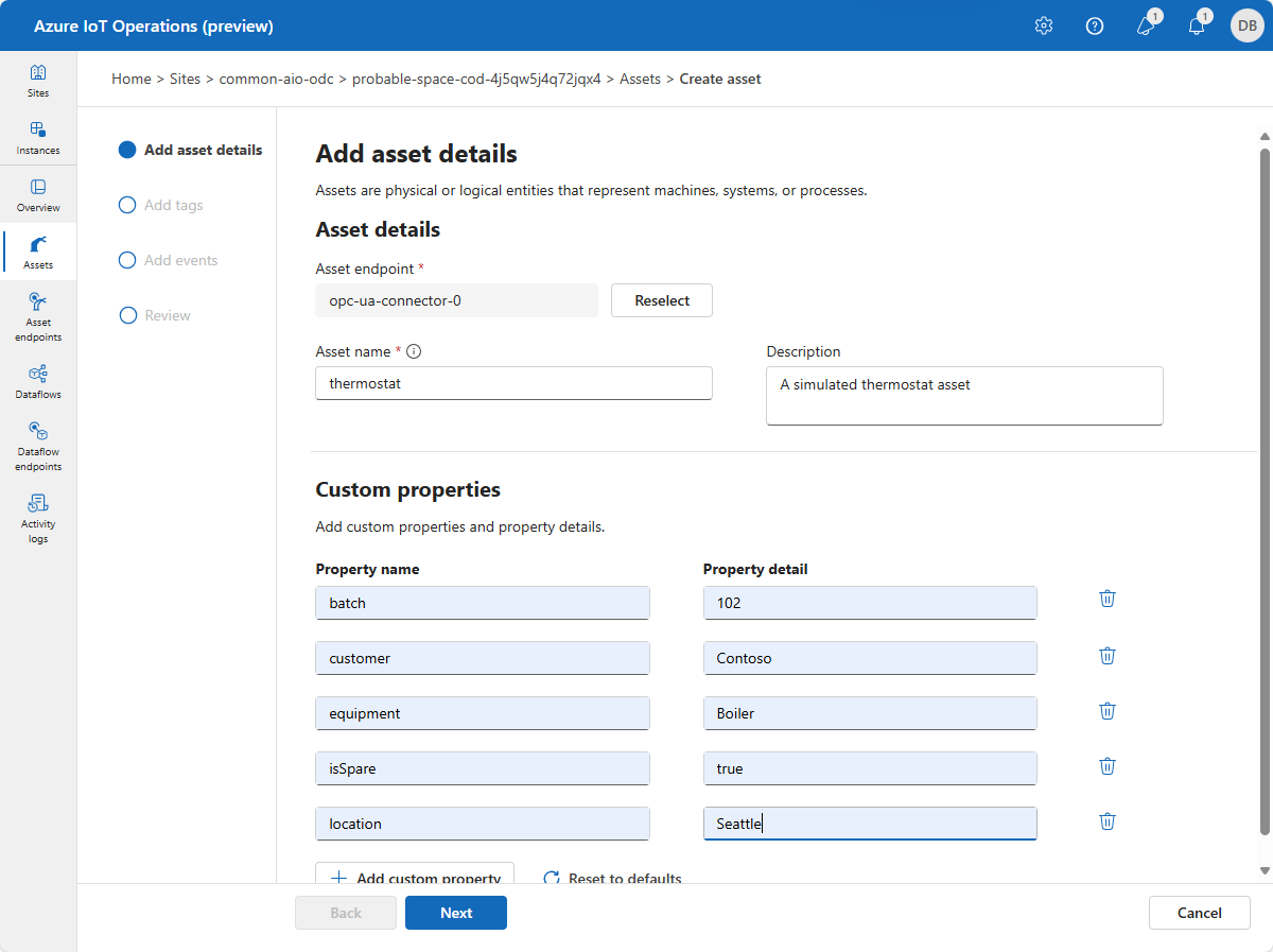 Screenshot of Azure IoT Operations asset details page.