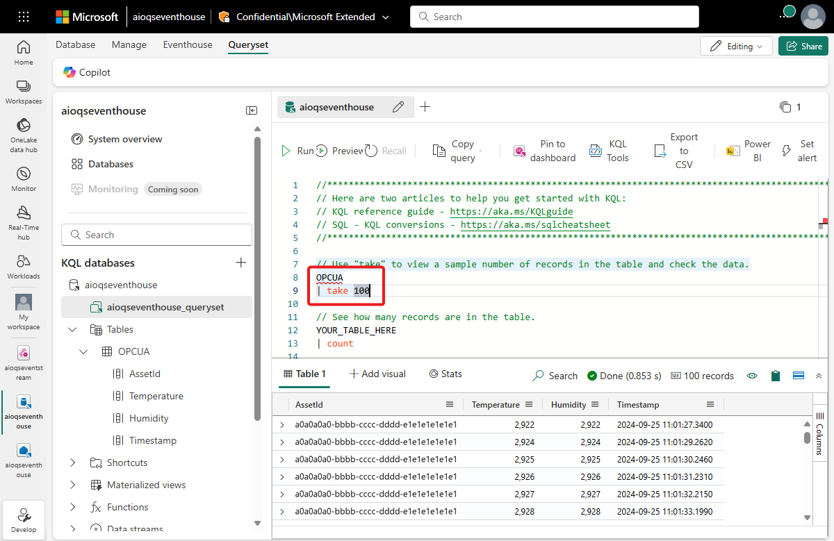 Screenshot of the same data being queried from the KQL database.