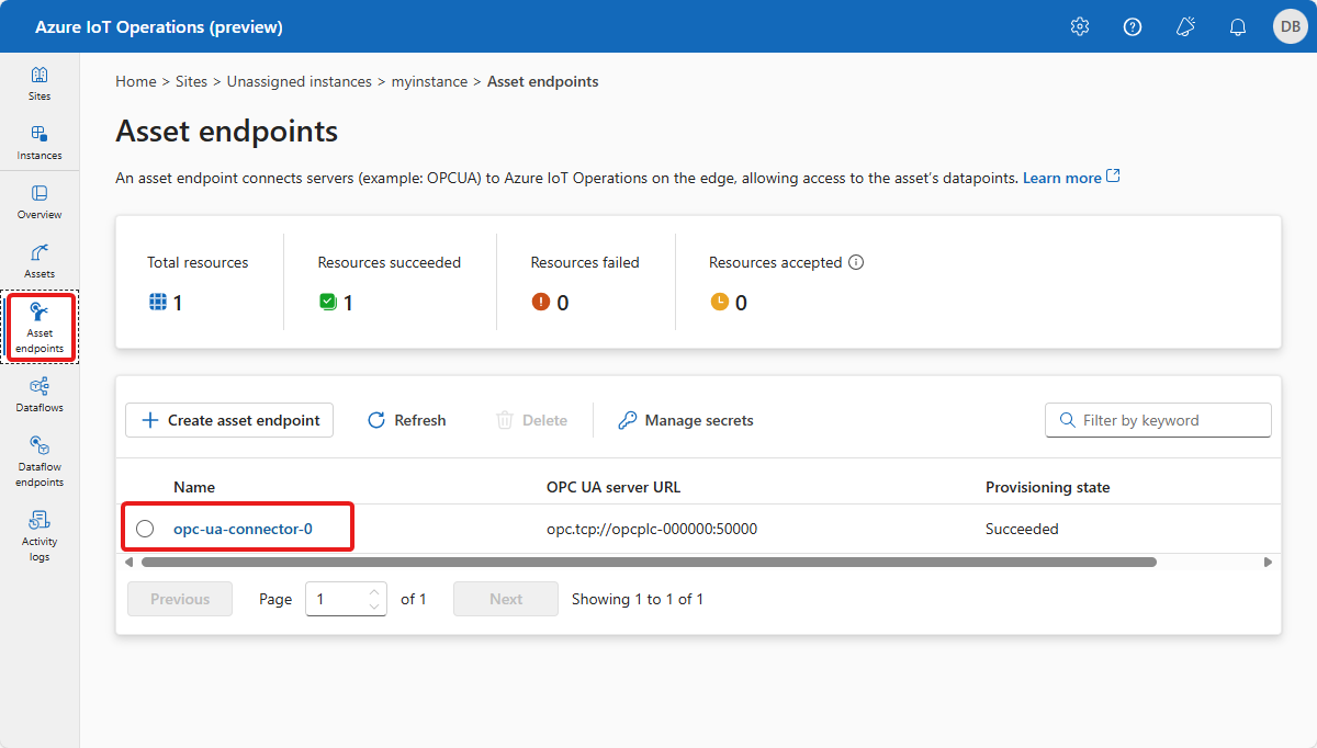 Screenshot in the operations experience that shows a list of asset endpoints.