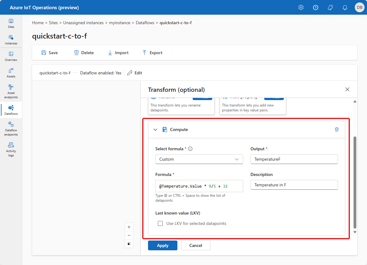 Screenshot in the operations experience that shows the temperature conversion calculation.