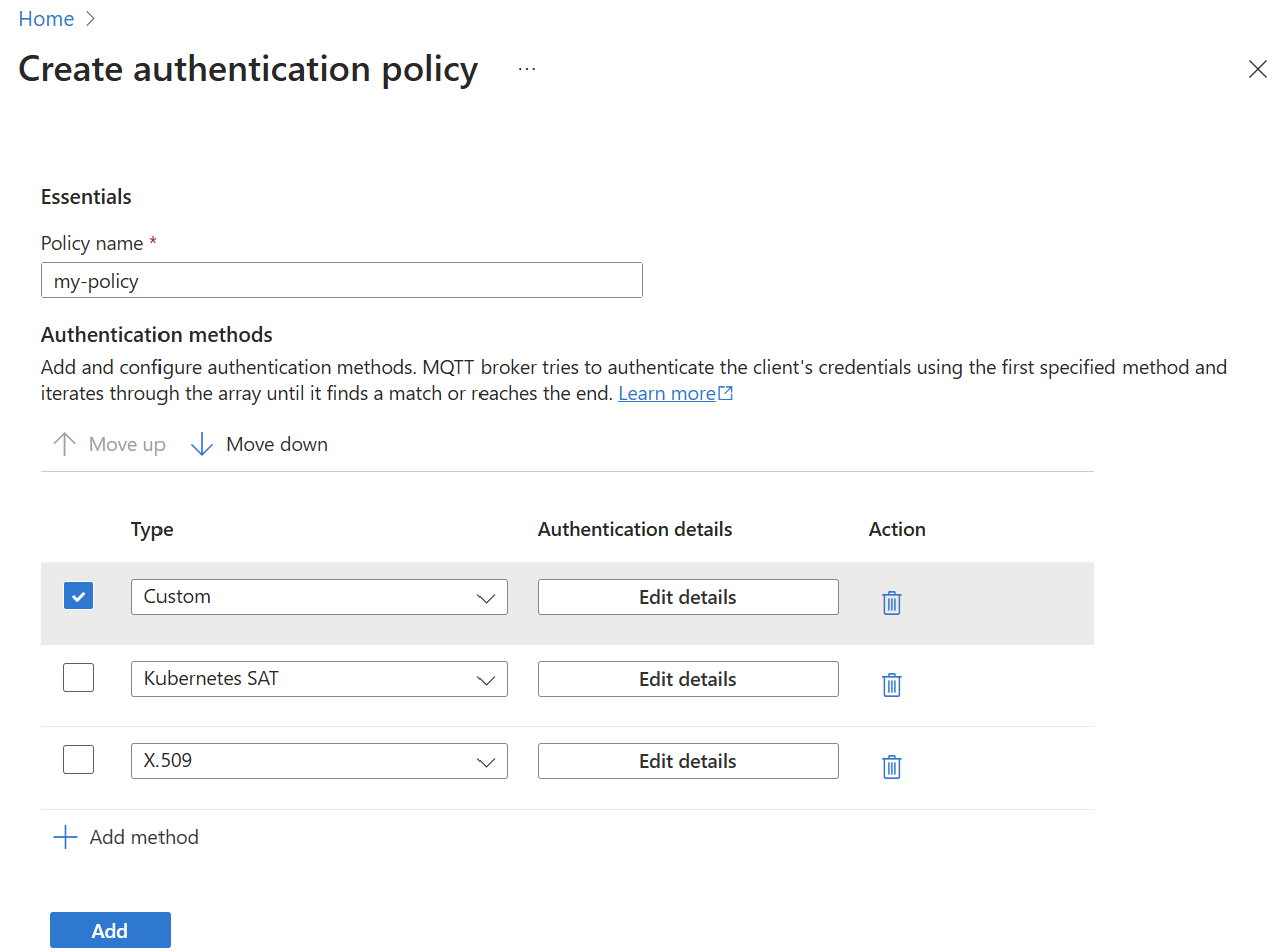 Screenshot using the Azure portal to add an MQTT broker authentication policy method.