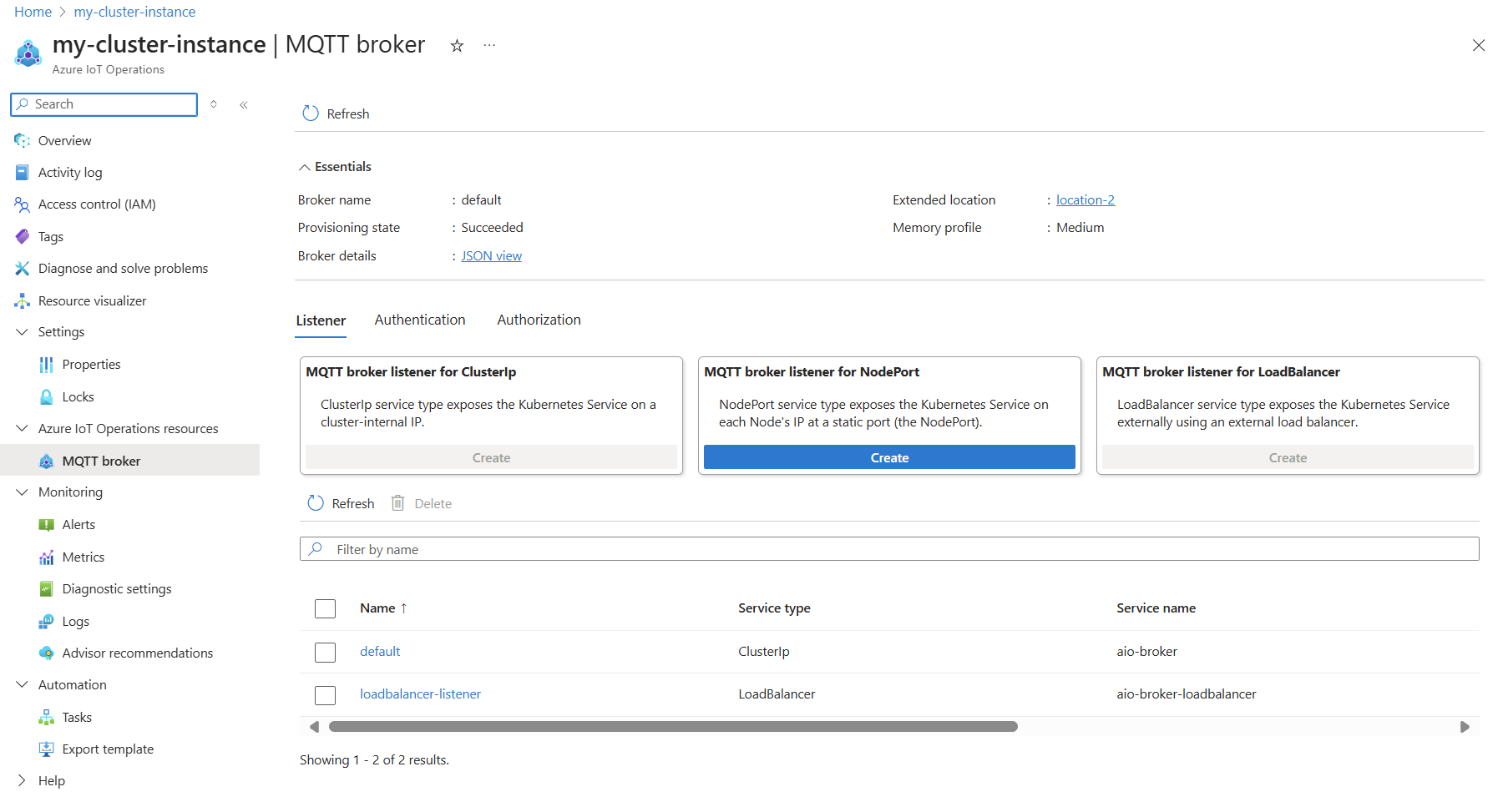 Screenshot using Azure portal to view Azure IoT Operations MQTT configuration.