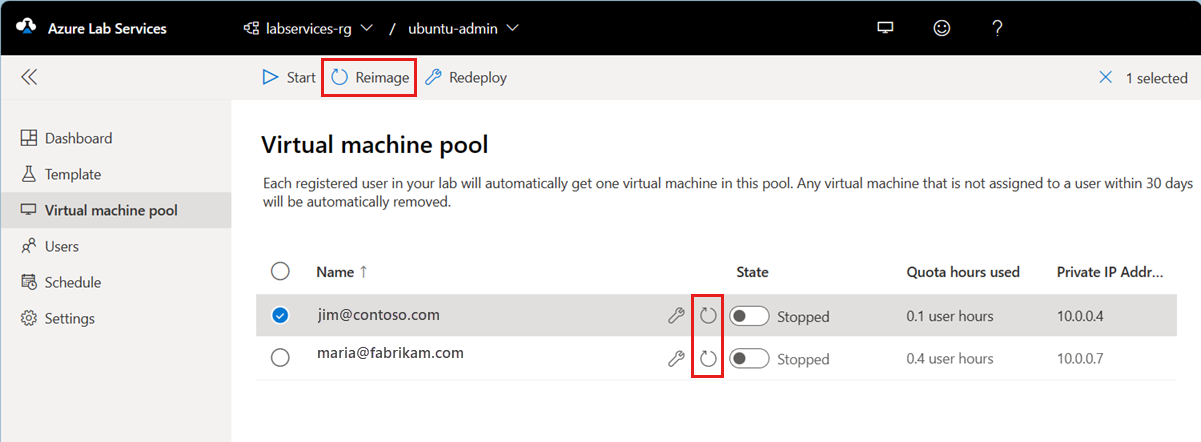 Screenshot of virtual machine pool.  Reimage button is highlighted.