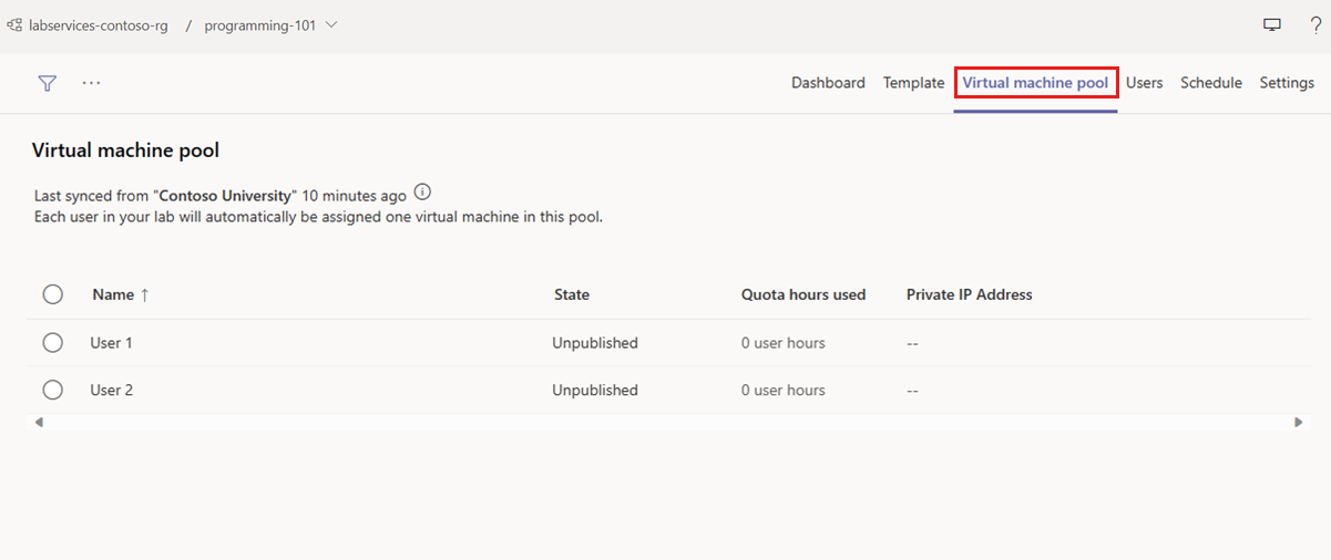 Screenshot of the Virtual machine pool page for a templateless lab.