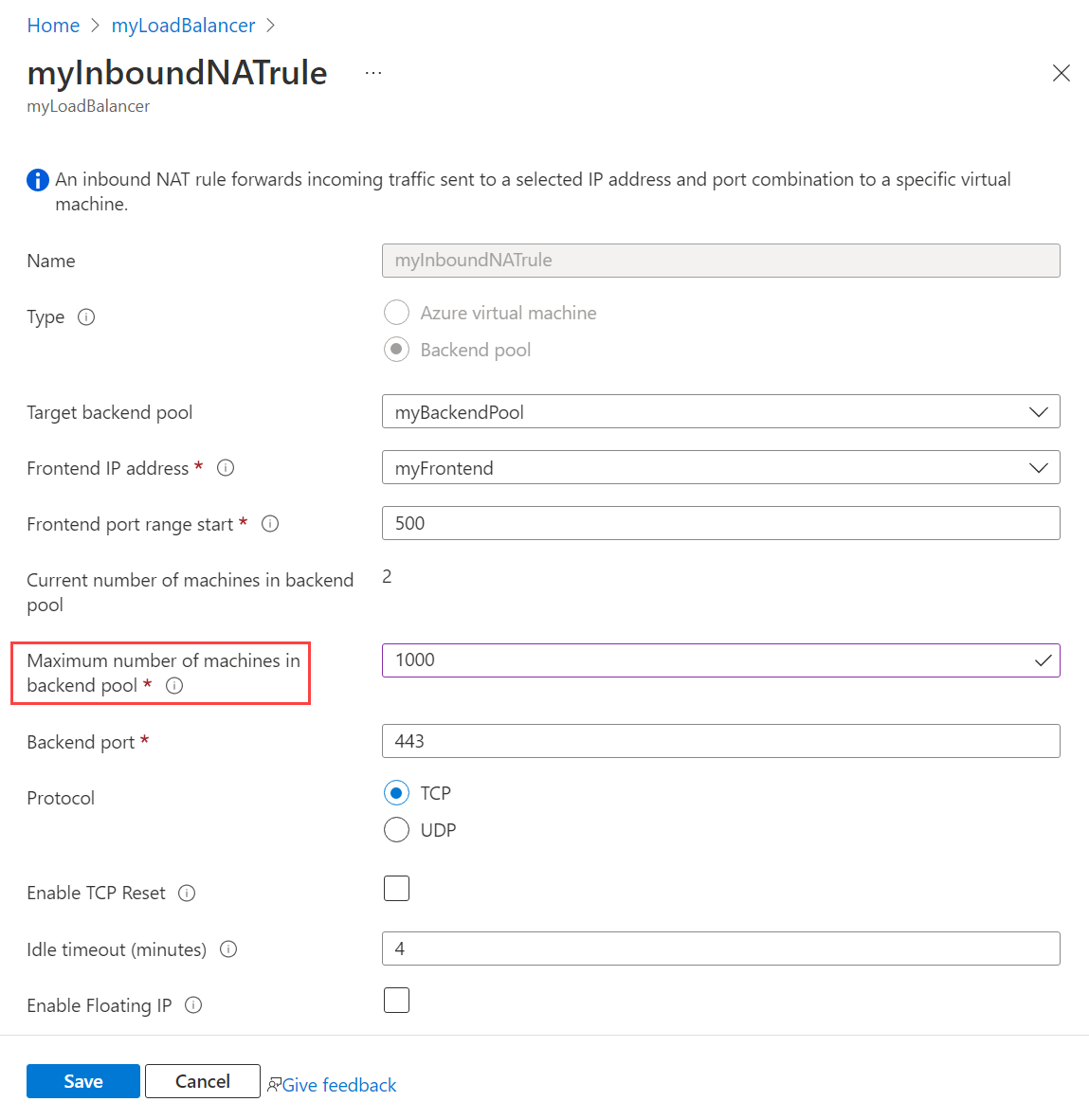 Screenshot of inbound NAT rule properties page.