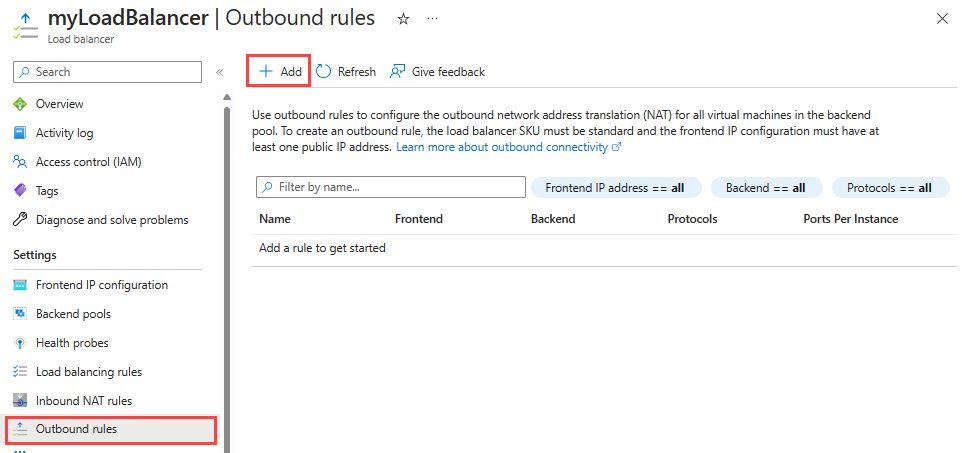 Screenshot of Load Balancer Outbound rules settings.