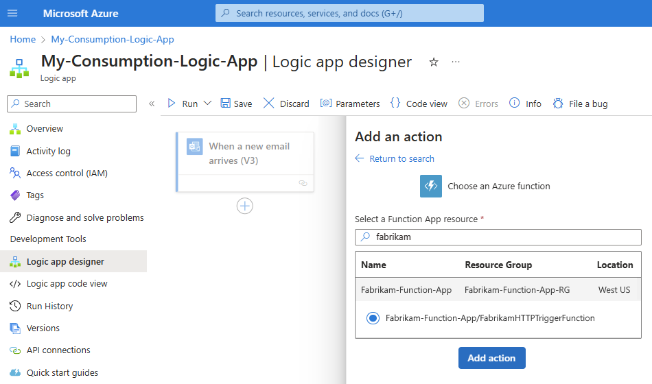 Screenshot shows Consumption workflow with a selected function app and function.