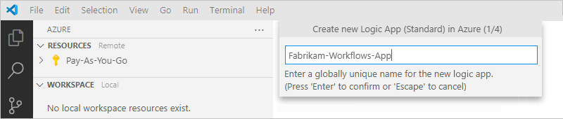 Screenshot shows prompt to provide a name for the new logic app to create.