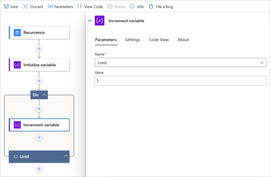 Screenshot shows Standard workflow and built-in action named Until with Name set to the Limit variable and Value set to 1.