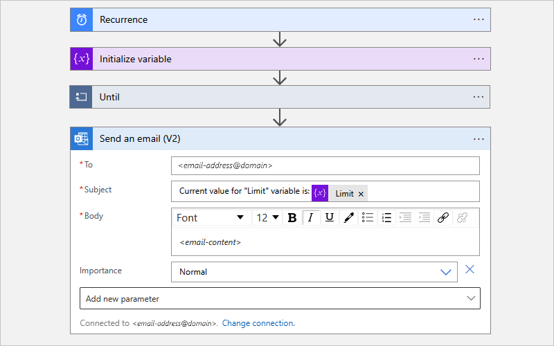 Screenshot shows Consumption workflow and action named Send an email with property values.