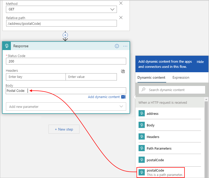 Screenshot shows Consumption workflow, Response action, and specified trigger output to include in response body.