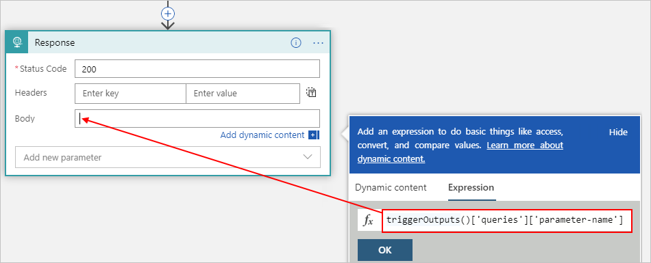 Screenshot shows Consumption workflow, Response action, and the triggerOutputs() expression.