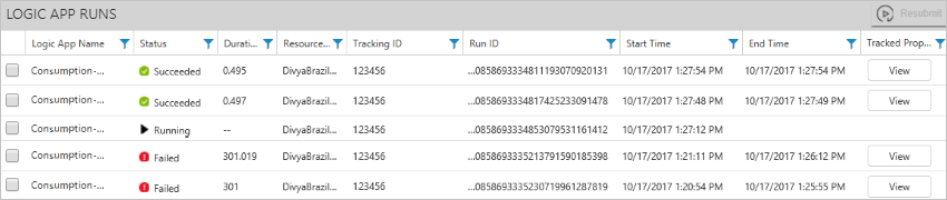 Screenshot showing runs and status for a specific Consumption logic app workflow.