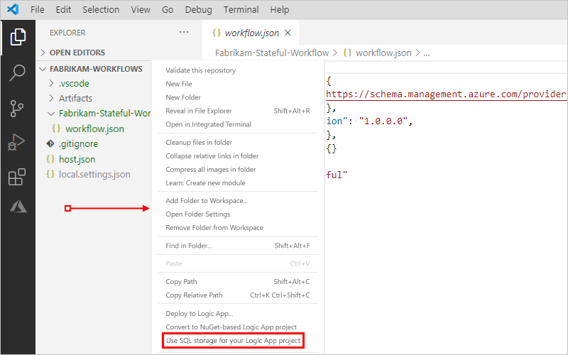 Screenshot showing Visual Studio Code, Explorer pane, and mouse pointer at project root in blank area, opened shortcut menu, and "Use SQL storage for your Logic App project" selected.