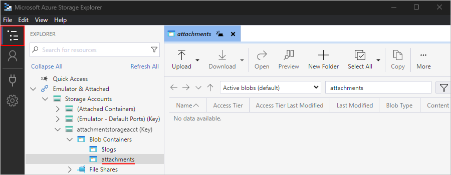 Screenshot showing Storage Explorer - find storage container.